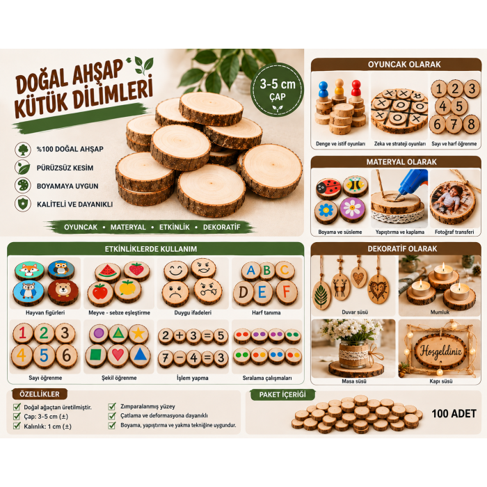 AHŞAP KÜTÜK DİLİMİ 3-5 CM ÇAP 100'LÜ PAKET