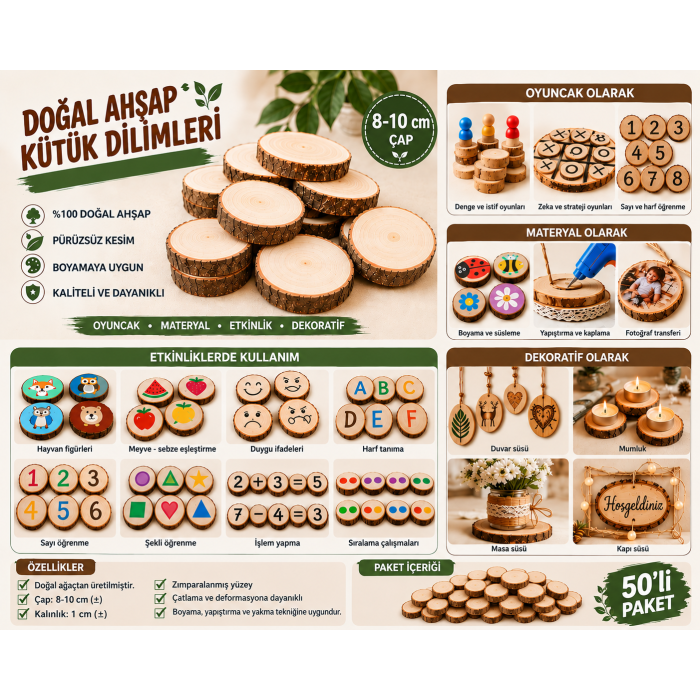 AHŞAP KÜTÜK DİLİMİ 8-10 CM ÇAP 50'Lİ PAKET